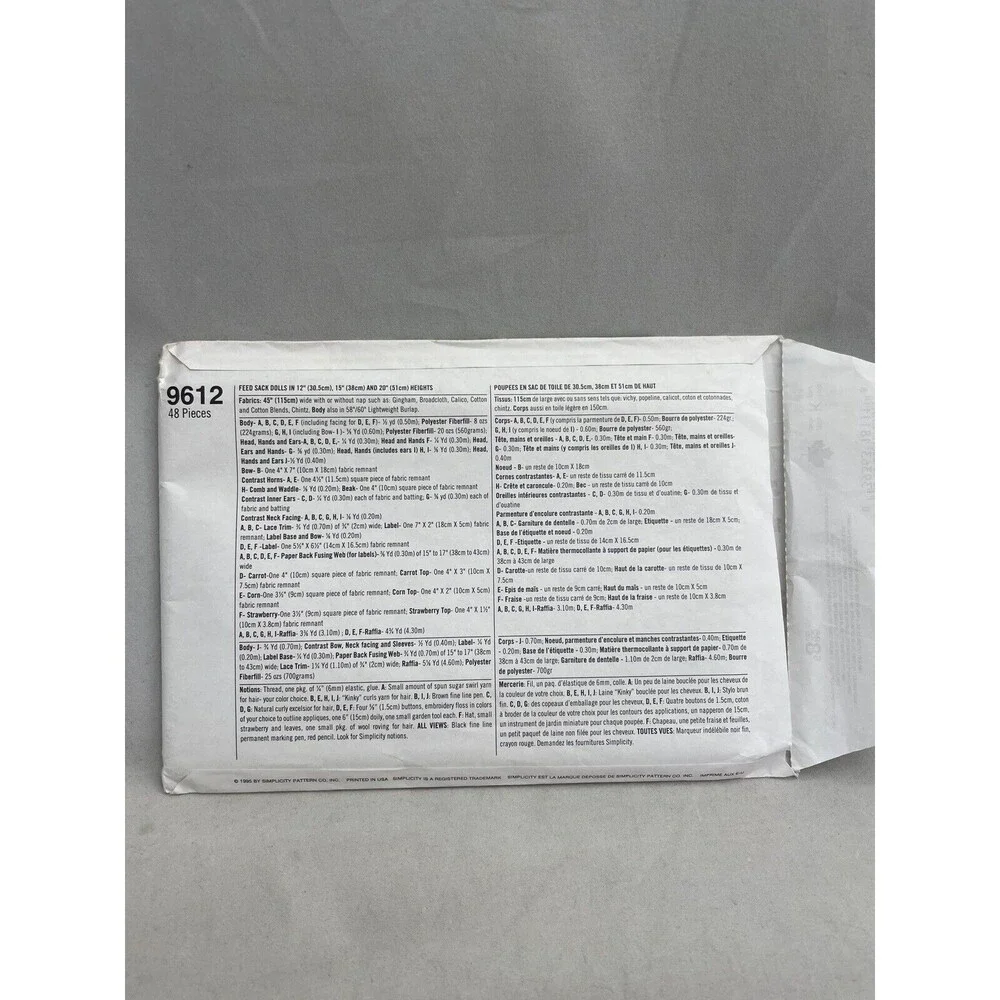 Simplicity 9612 Crafts Sewing Pattern Stuffed Feed Sack Dolls Pig Cow Animals